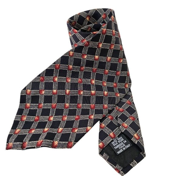 BOSS Hugo Boss Silk Necktie Taupe Grid on Black + Red Made in Italy 4"W x 56 - Picture 3 of 6